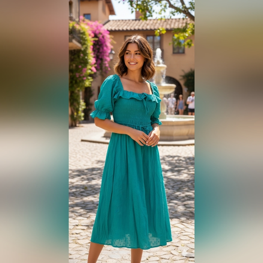 New LARGE teal smocked short sleeve renaissance cottagecore retro dress  COTTON